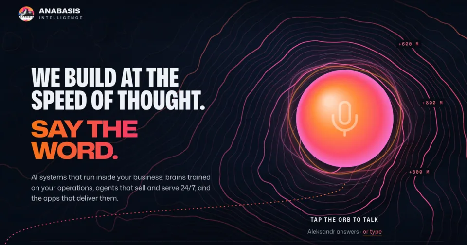 Anabasis Intelligence: We build at the speed of thought. Say the word. Beside it, the orb Aleksandr answers through