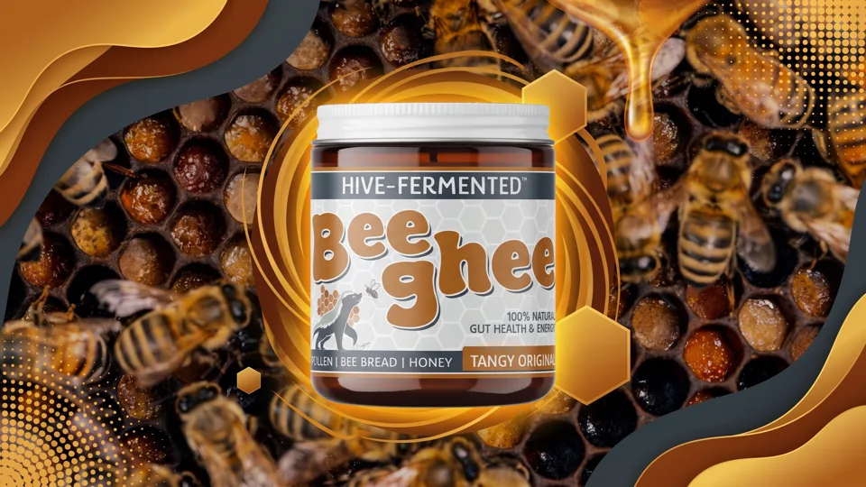 A jar of Beeghee® Hive-Fermented bee bread over a honeycomb full of bees